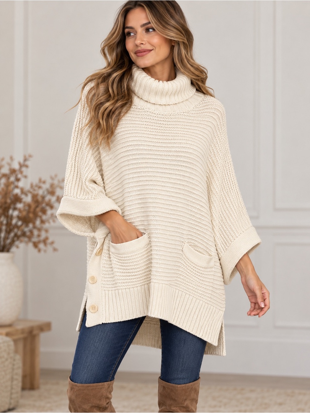 J. Crew Cream Ribbed Turtleneck Poncho Sweater Merino Wool, Cotton, Polyamide L